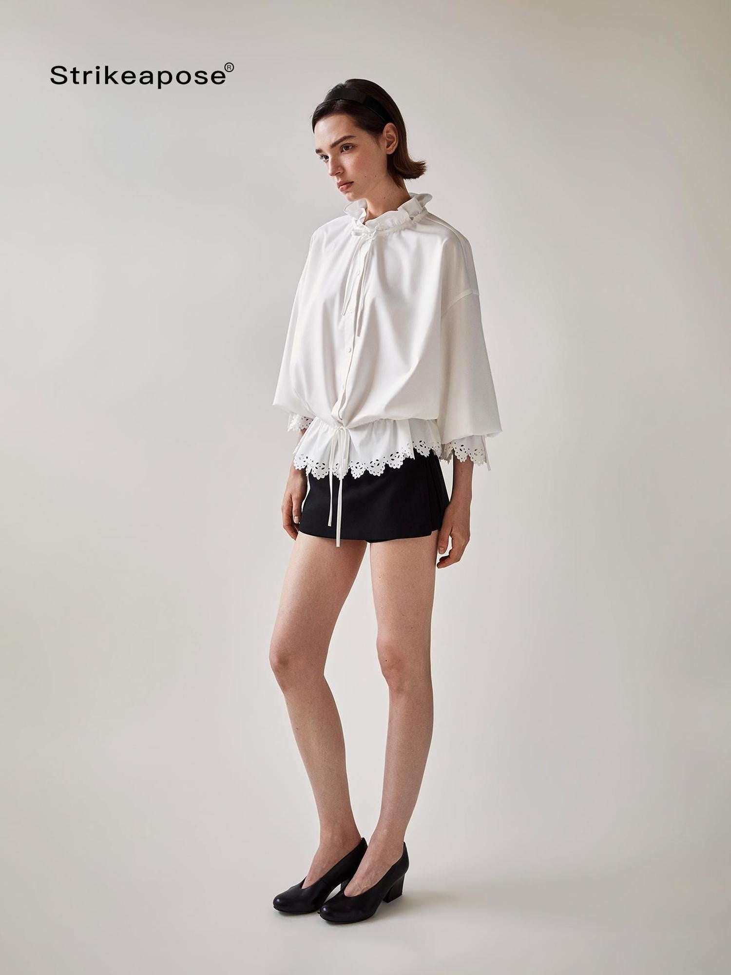STRIKE A POSE Lace Ruffle Drawstring Stand Collar Loose 3 4 Sleeve Women&