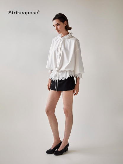 STRIKE A POSE Lace Ruffle Drawstring Stand Collar Loose 3 4 Sleeve Women&