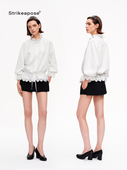 STRIKE A POSE Lace Ruffle Drawstring Stand Collar Loose 3 4 Sleeve Women&