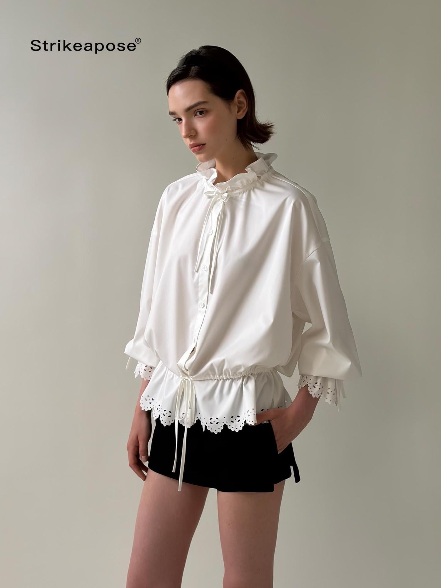 STRIKE A POSE Lace Ruffle Drawstring Stand Collar Loose 3 4 Sleeve Women&