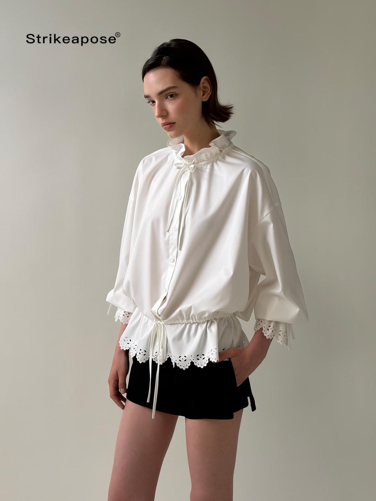 STRIKE A POSE Lace Ruffle Drawstring Stand Collar Loose 3 4 Sleeve Women&