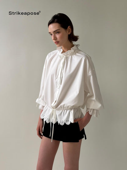 STRIKE A POSE Lace Ruffle Drawstring Stand Collar Loose 3 4 Sleeve Women&