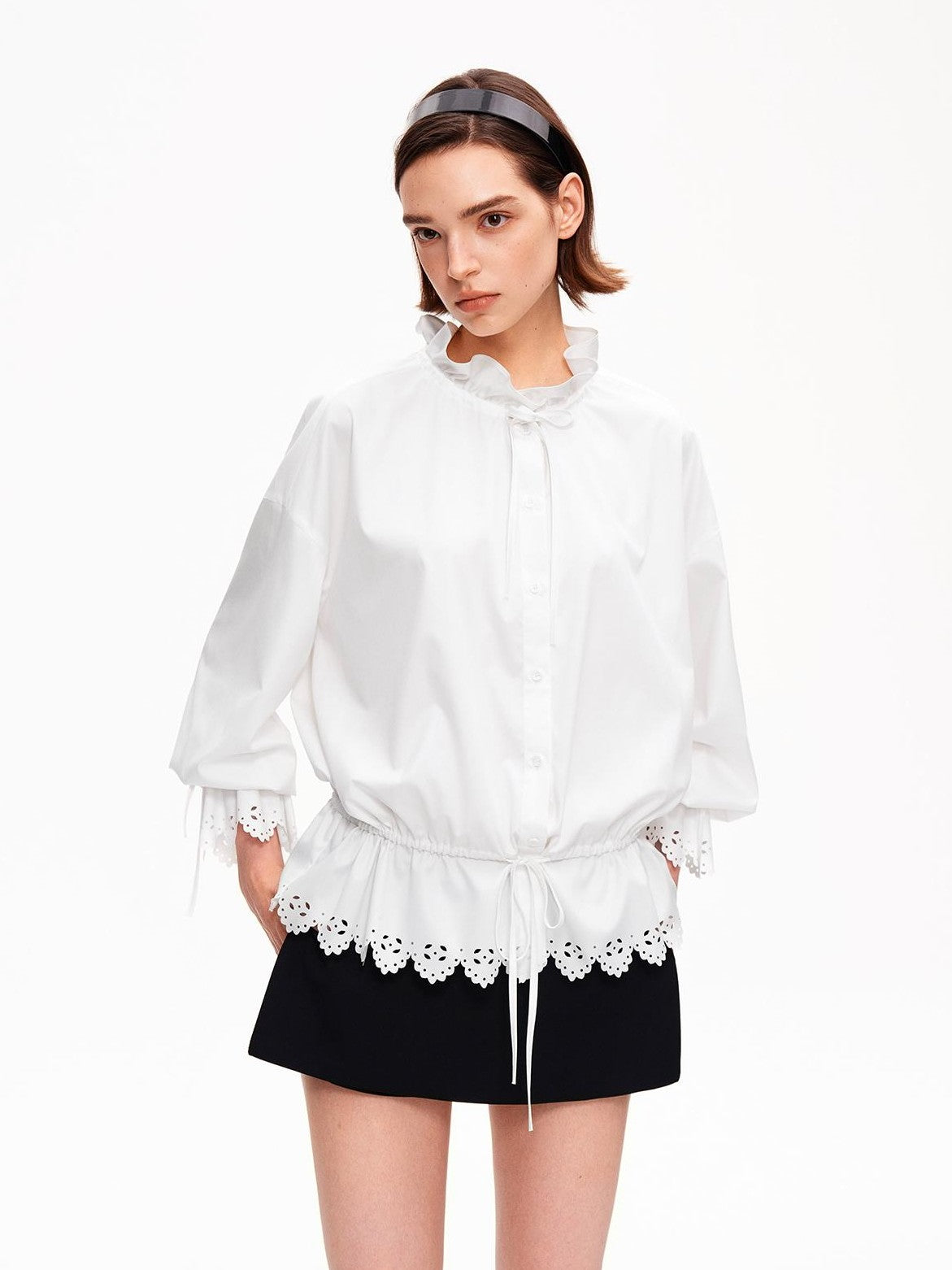 STRIKE A POSE Lace Ruffle Drawstring Stand Collar Loose 3 4 Sleeve Women&