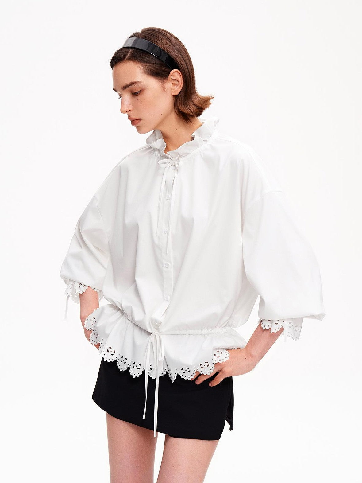 STRIKE A POSE Lace Ruffle Drawstring Stand Collar Loose 3 4 Sleeve Women&