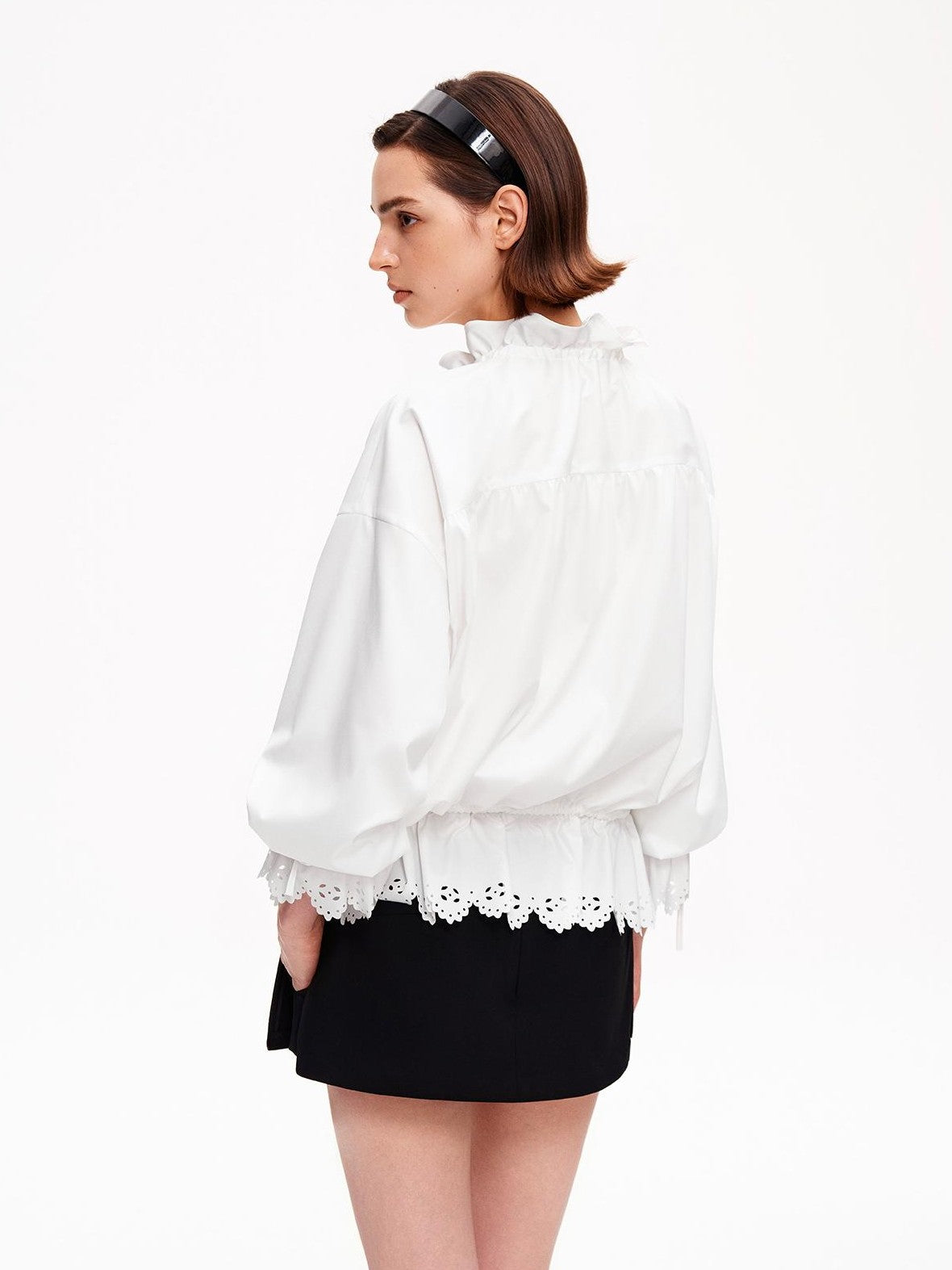 STRIKE A POSE Lace Ruffle Drawstring Stand Collar Loose 3 4 Sleeve Women&