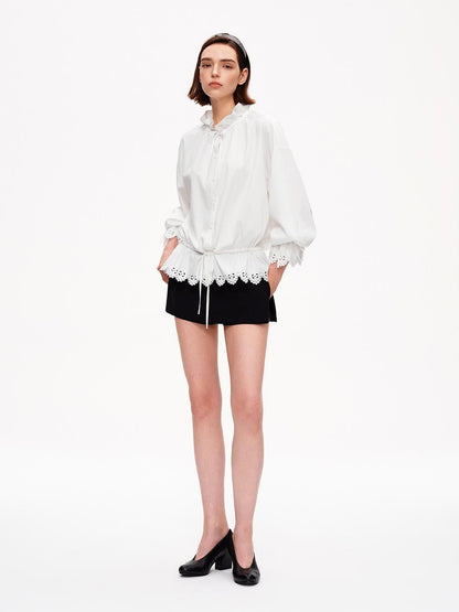 STRIKE A POSE Lace Ruffle Drawstring Stand Collar Loose 3 4 Sleeve Women&