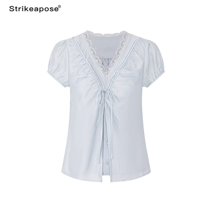 STRIKE_A_POSE_Lace_Trim_V-neck_Shirred_Puff_Sleeve_Women&