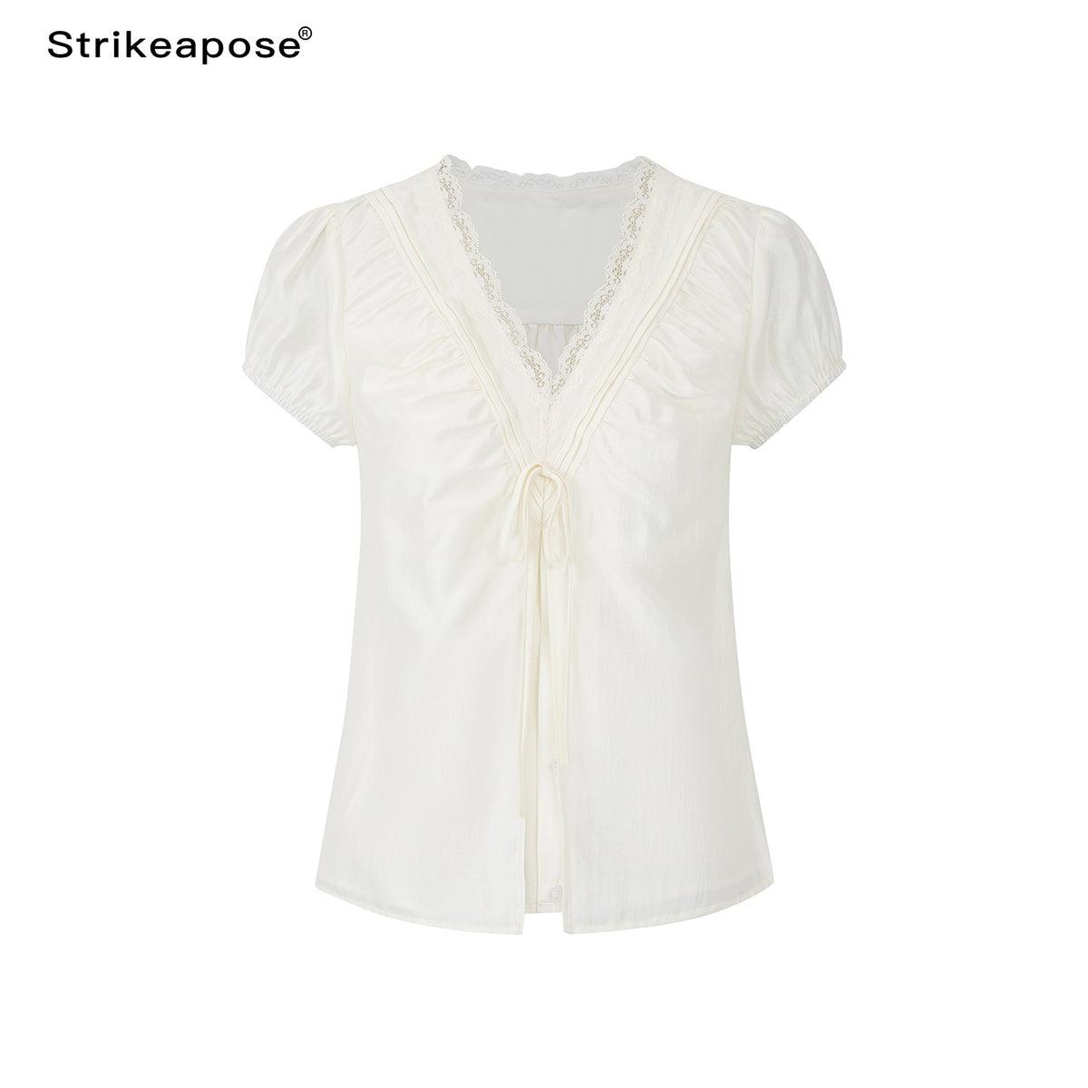 STRIKE_A_POSE_Lace_Trim_V-neck_Shirred_Puff_Sleeve_Women&