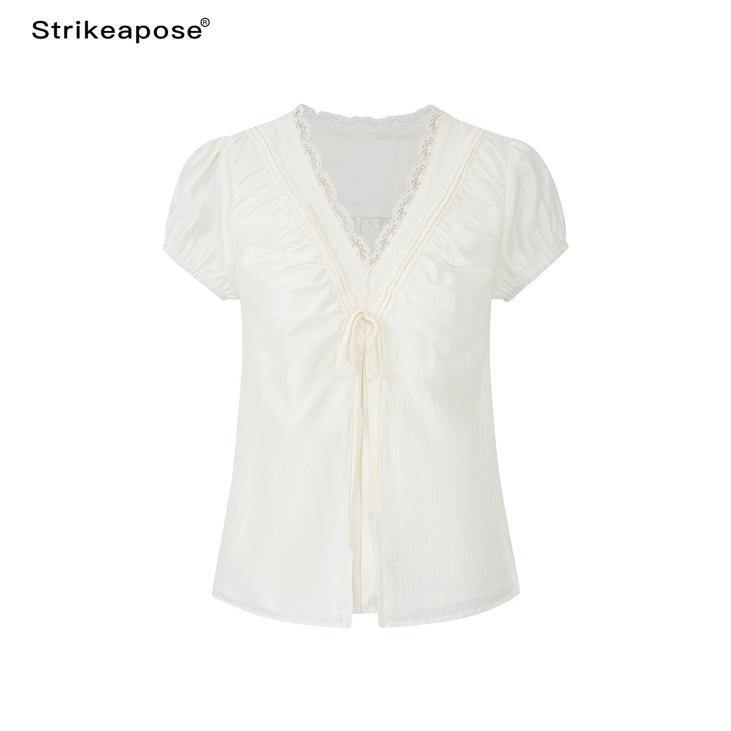 STRIKE_A_POSE_Lace_Trim_V-neck_Shirred_Puff_Sleeve_Women&