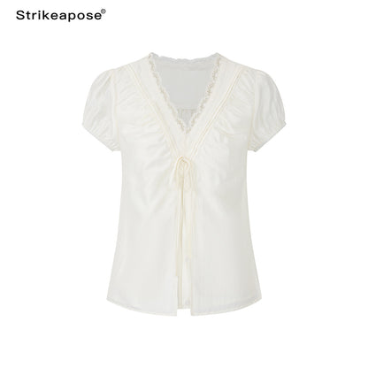 STRIKE_A_POSE_Lace_Trim_V-neck_Shirred_Puff_Sleeve_Women&