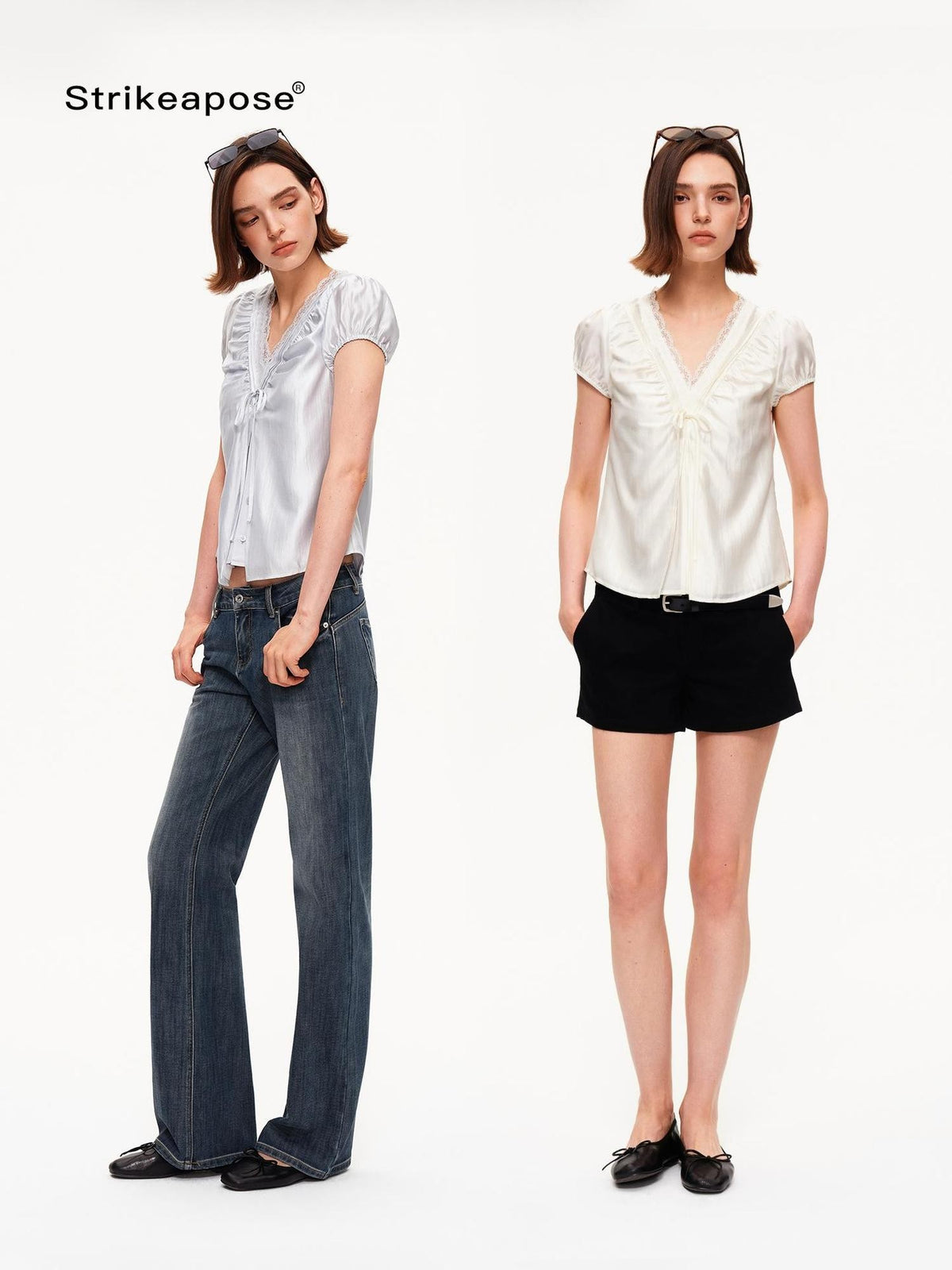STRIKE A POSE Lace Trim V-neck Shirred Puff Sleeve Women&