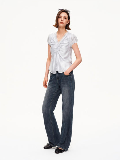 STRIKE A POSE Lace Trim V-neck Shirred Puff Sleeve Women&