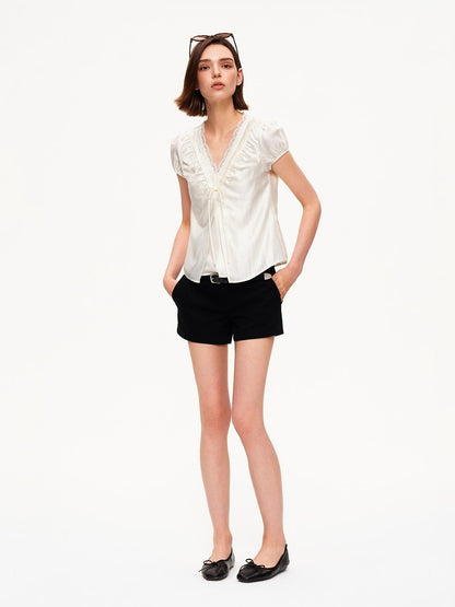 STRIKE A POSE Lace Trim V-neck Shirred Puff Sleeve Women&