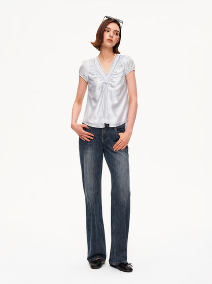 STRIKE A POSE Lace Trim V-neck Shirred Puff Sleeve Women&
