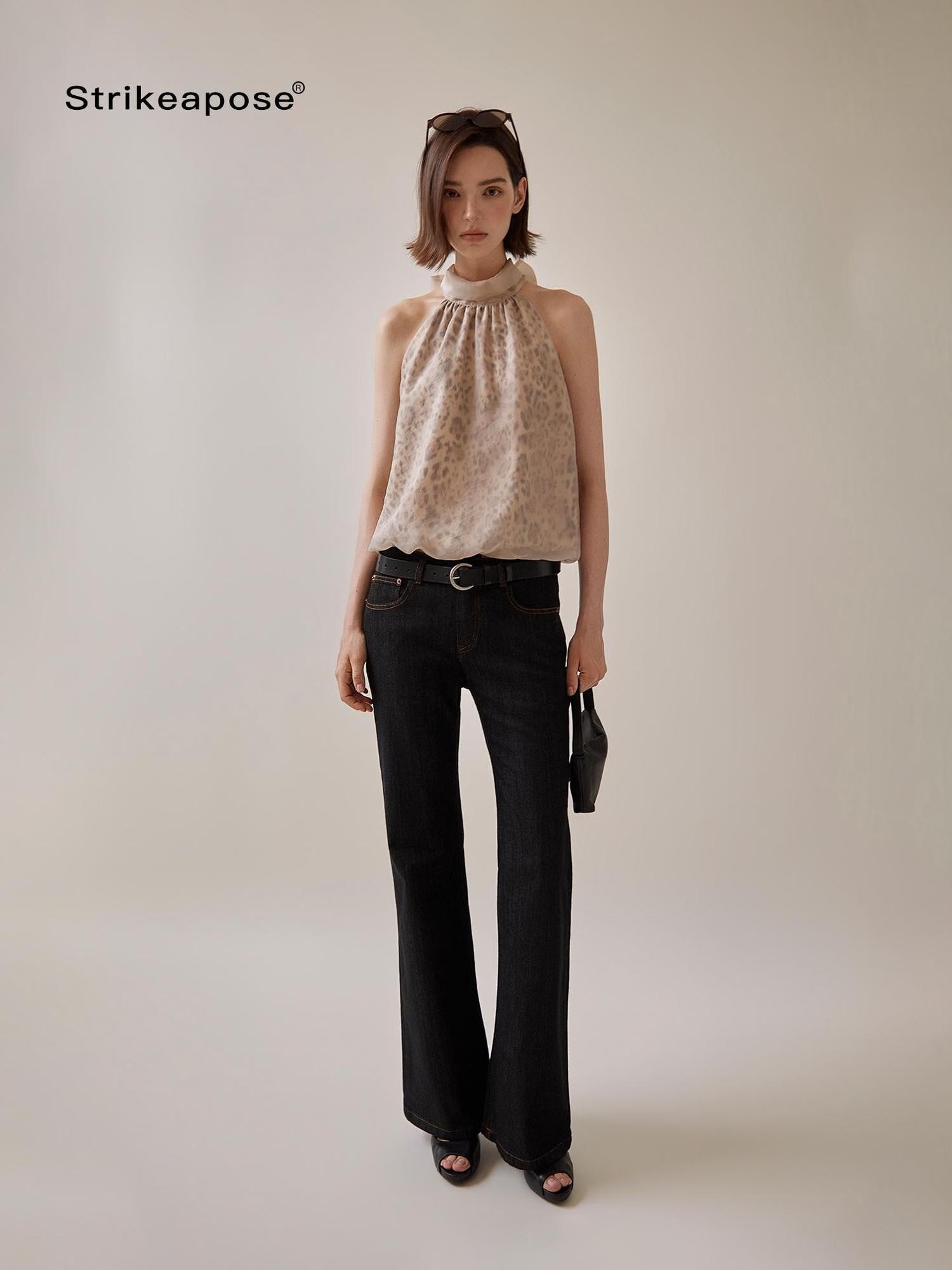 STRIKE A POSE Leopard Print Pleated Tie Round Hem Loose Women&