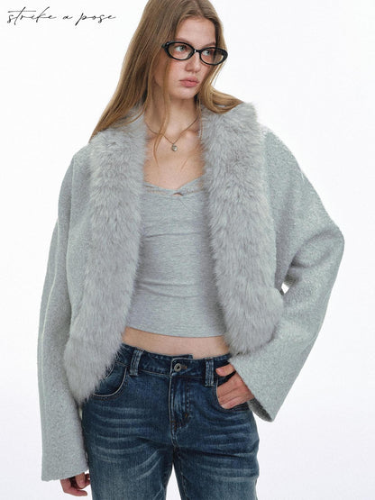 STRIKE A POSE Light Gray Faux Fur Patchwork Batwing Sleeve Women&