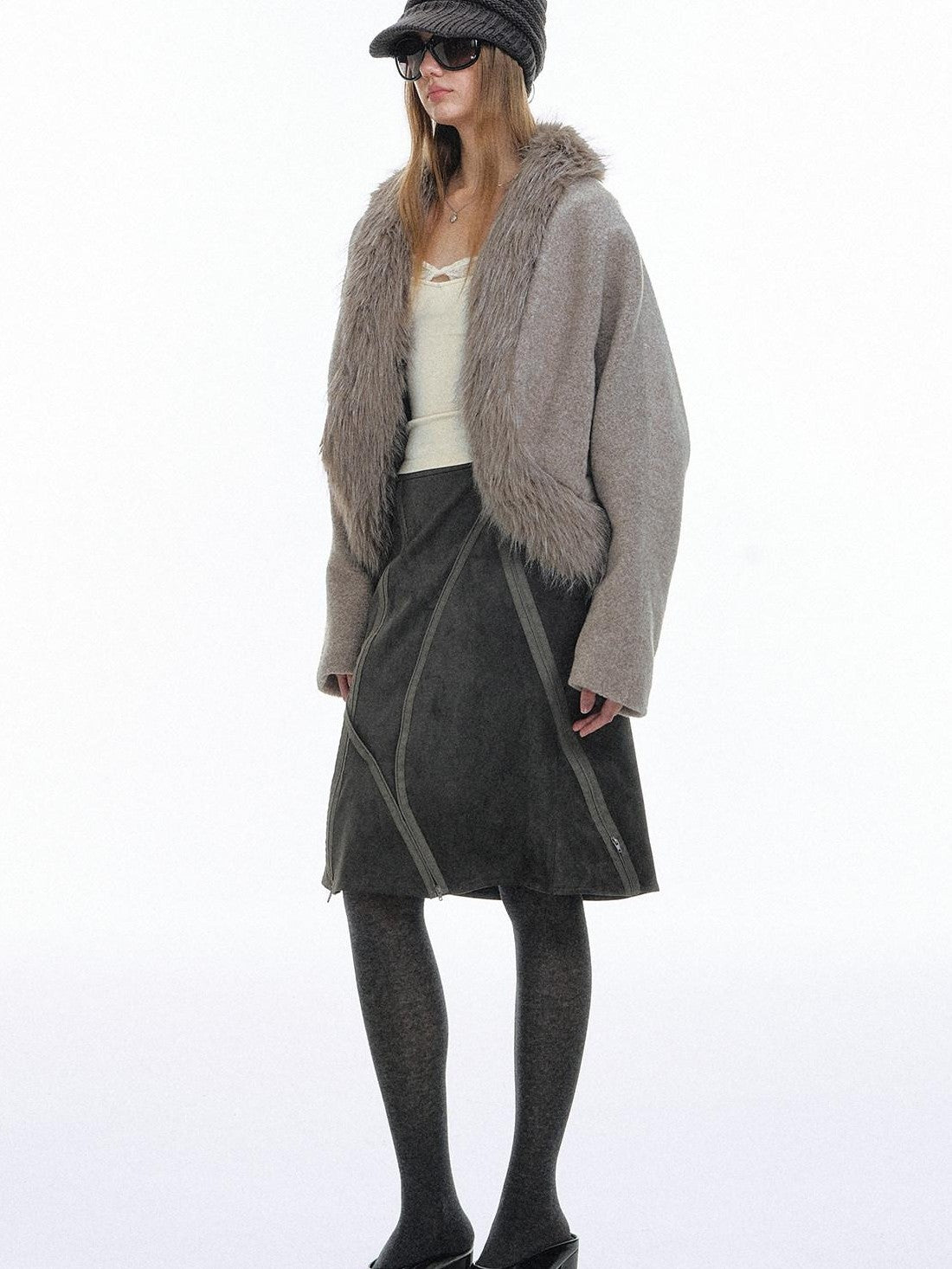 STRIKE A POSE Light Gray Faux Fur Patchwork Batwing Sleeve Women&