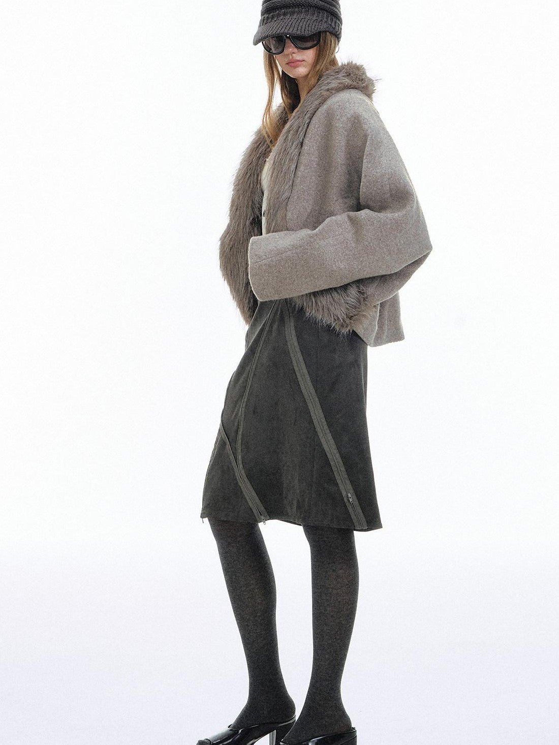 STRIKE A POSE Light Gray Faux Fur Patchwork Batwing Sleeve Women&