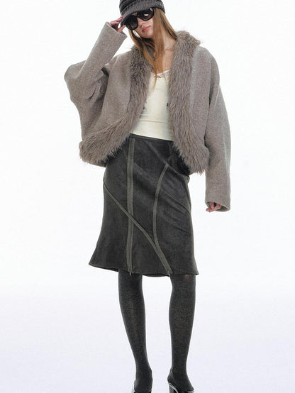 STRIKE A POSE Light Gray Faux Fur Patchwork Batwing Sleeve Women&