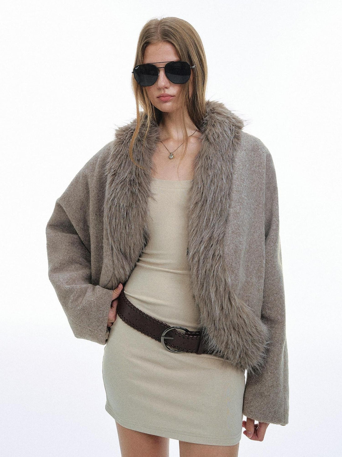 STRIKE A POSE Light Gray Faux Fur Patchwork Batwing Sleeve Women&