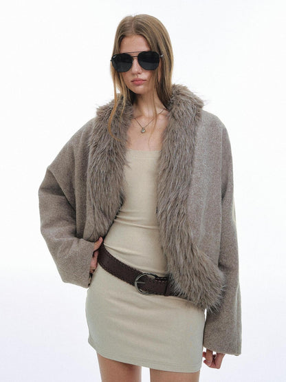 STRIKE A POSE Light Gray Faux Fur Patchwork Batwing Sleeve Women&