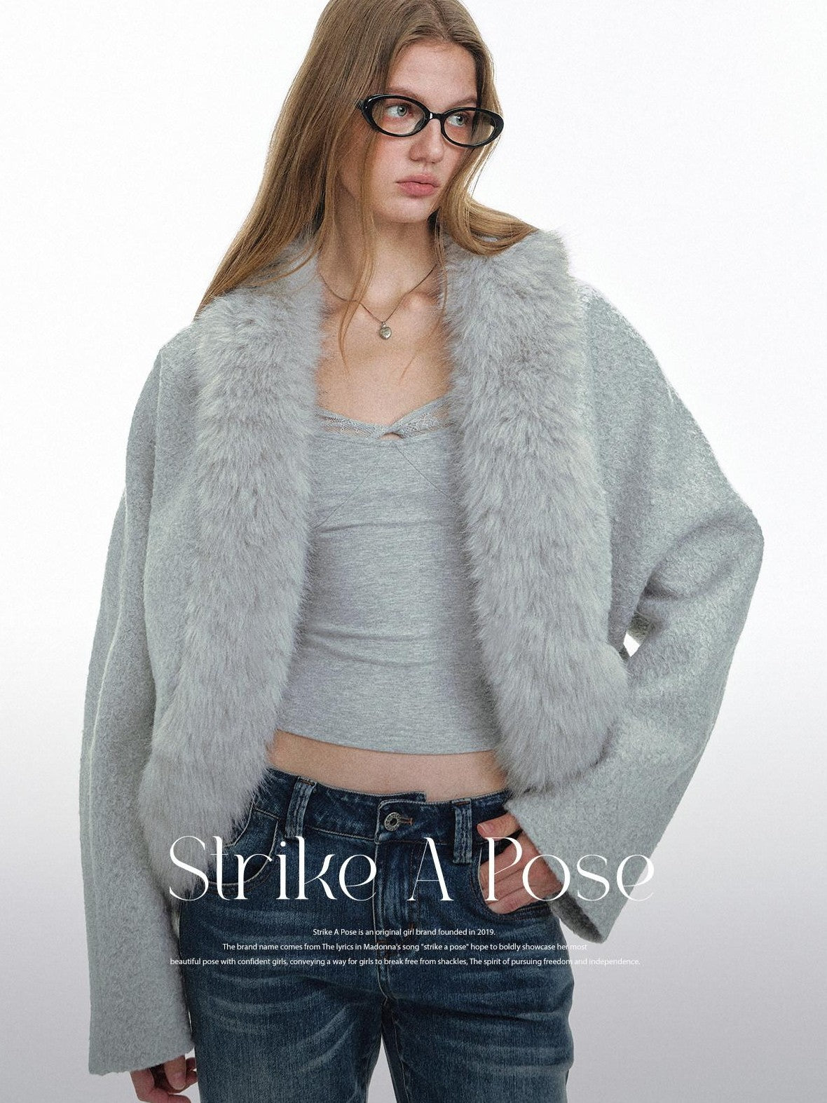 STRIKE A POSE Light Gray Faux Fur Patchwork Batwing Sleeve Women&