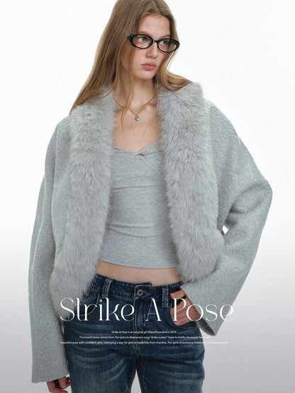 STRIKE A POSE Light Gray Faux Fur Patchwork Batwing Sleeve Women&