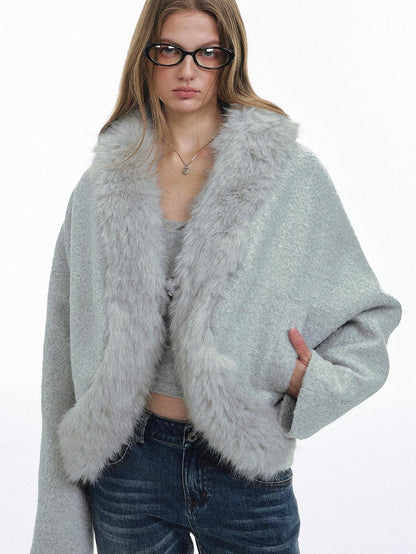 STRIKE A POSE Light Gray Faux Fur Patchwork Batwing Sleeve Women&