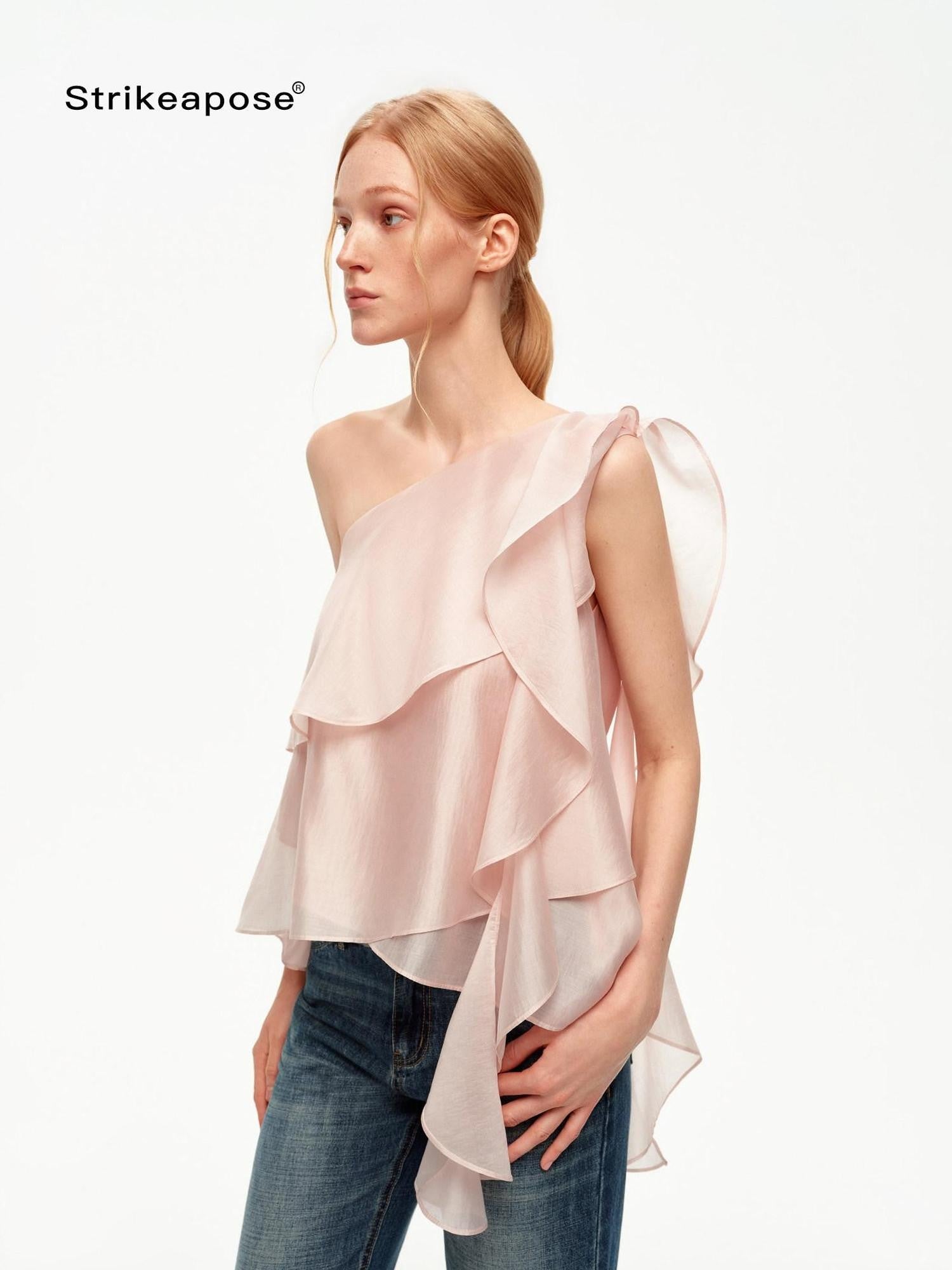 STRIKE A POSE Light Pink Ruffle Trim Asymmetric One Shoulder Women&