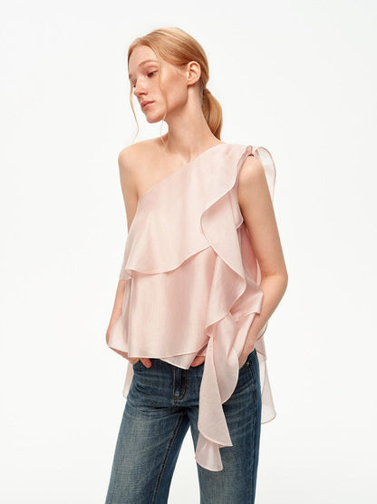 STRIKE A POSE Light Pink Ruffle Trim Asymmetric One Shoulder Women&
