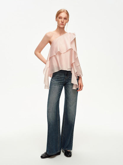 STRIKE A POSE Light Pink Ruffle Trim Asymmetric One Shoulder Women&