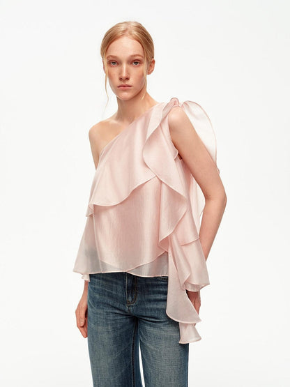 STRIKE A POSE Light Pink Ruffle Trim Asymmetric One Shoulder Women&