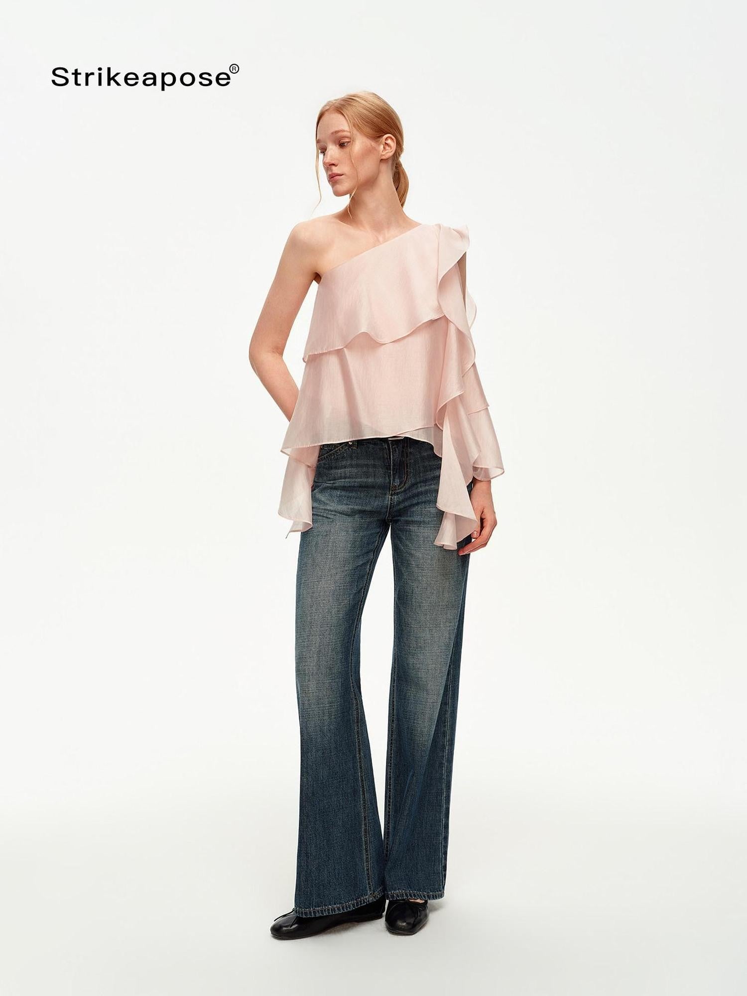 STRIKE A POSE Light Pink Ruffle Trim Asymmetric One Shoulder Women&
