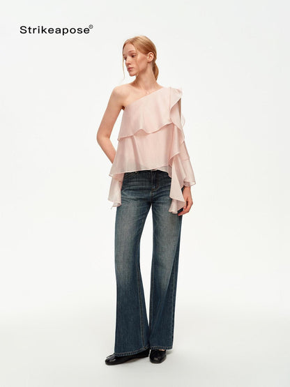 STRIKE A POSE Light Pink Ruffle Trim Asymmetric One Shoulder Women&