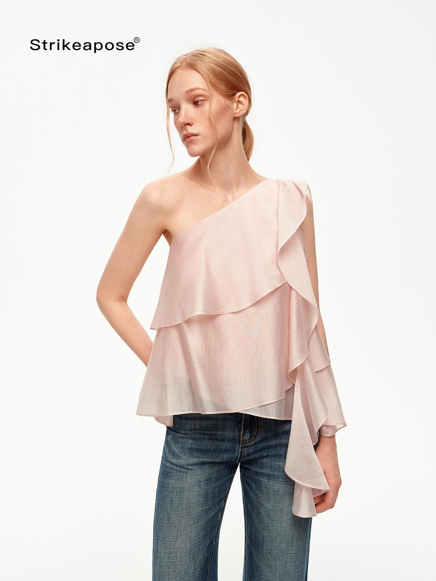 STRIKE A POSE Light Pink Ruffle Trim Asymmetric One Shoulder Women&