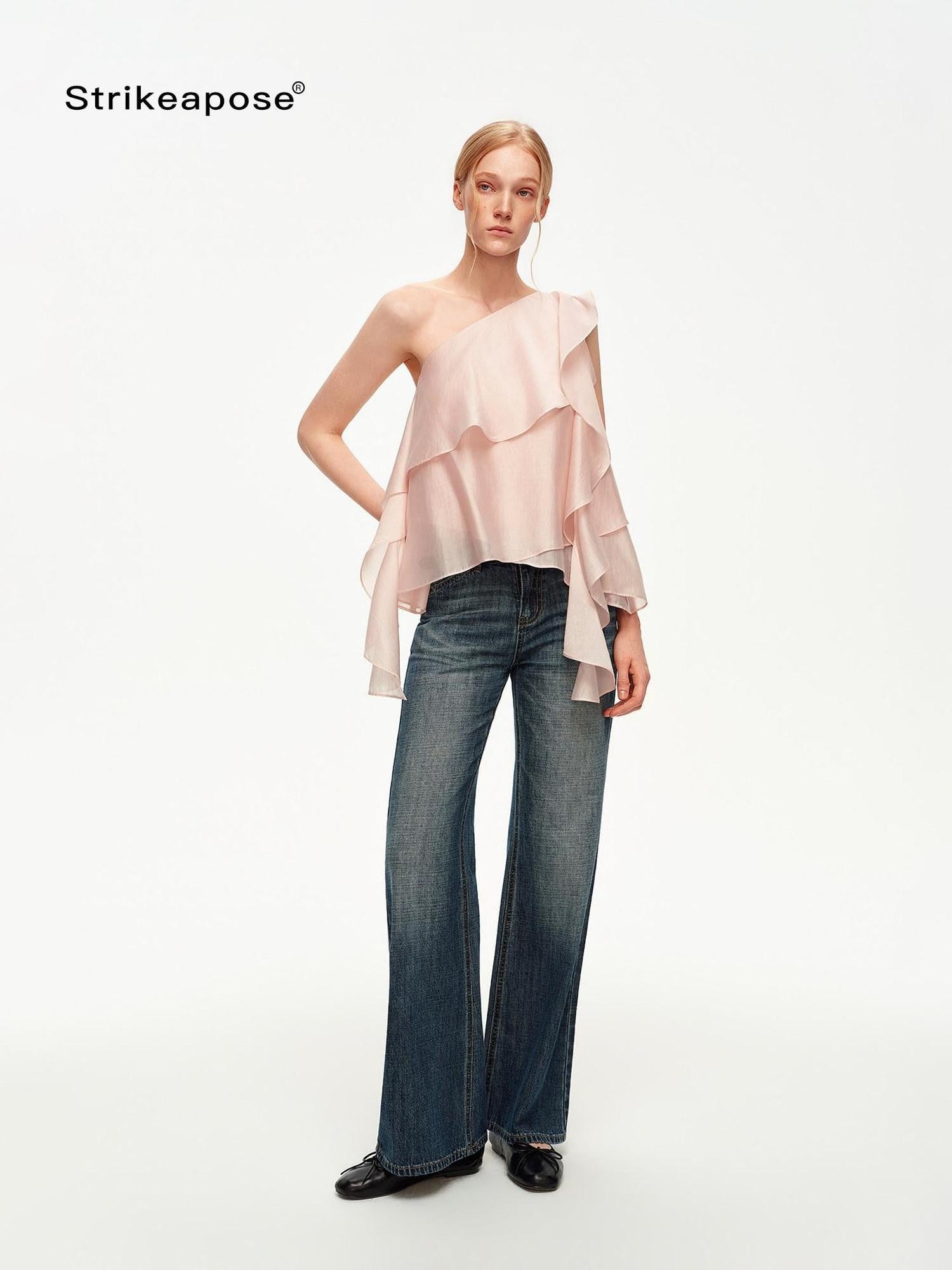 STRIKE A POSE Light Pink Ruffle Trim Asymmetric One Shoulder Women&