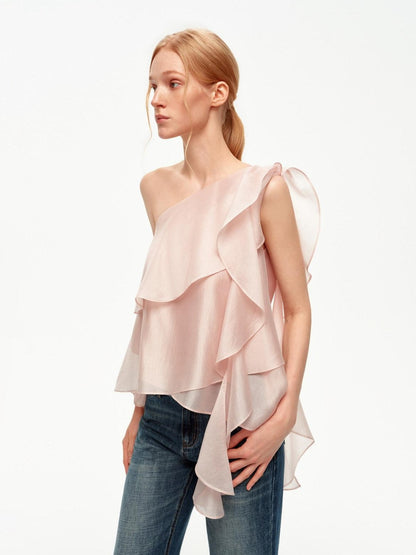 STRIKE A POSE Light Pink Ruffle Trim Asymmetric One Shoulder Women&