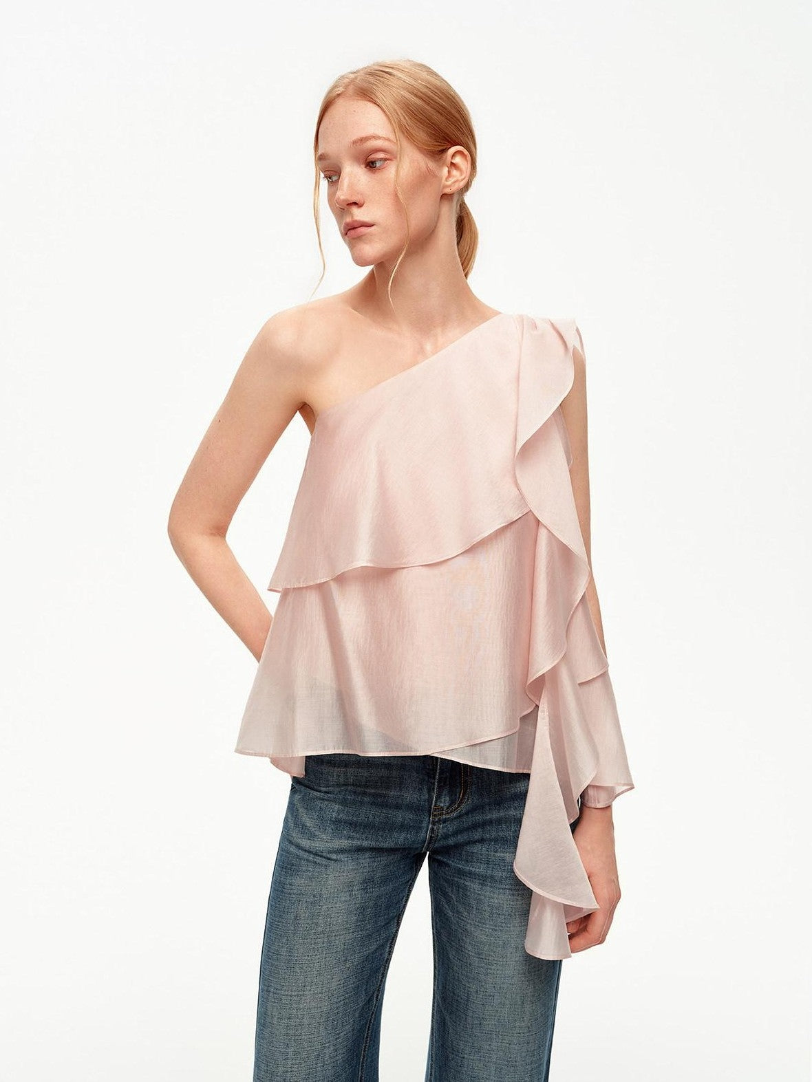 STRIKE A POSE Light Pink Ruffle Trim Asymmetric One Shoulder Women&
