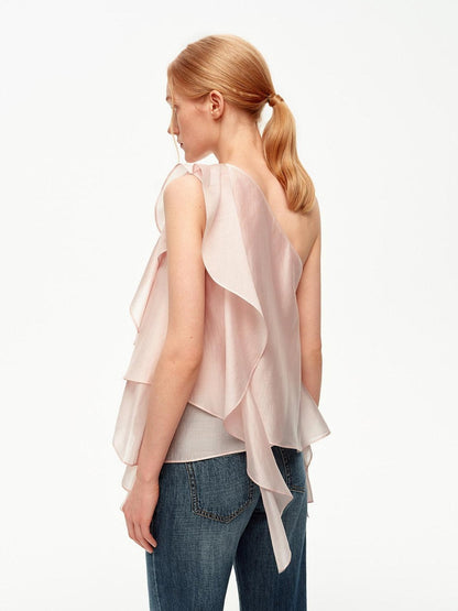 STRIKE A POSE Light Pink Ruffle Trim Asymmetric One Shoulder Women&
