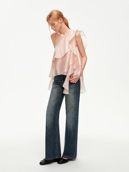 STRIKE A POSE Light Pink Ruffle Trim Asymmetric One Shoulder Women&