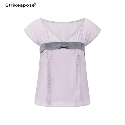 STRIKE_A_POSE_Lilac_Colorblock_Bow_V-neck_Pleat_Sheer_Women&