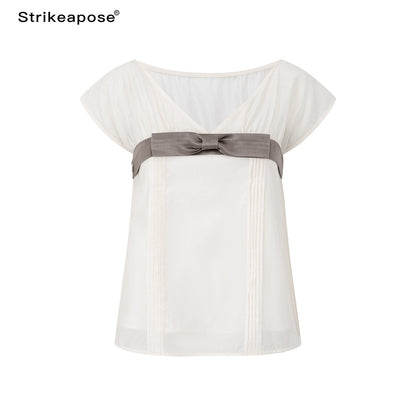 STRIKE_A_POSE_Lilac_Colorblock_Bow_V-neck_Pleat_Sheer_Women&