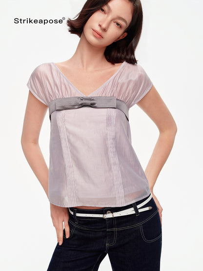 STRIKE A POSE Lilac Colorblock Bow V-neck Pleat Sheer Women&