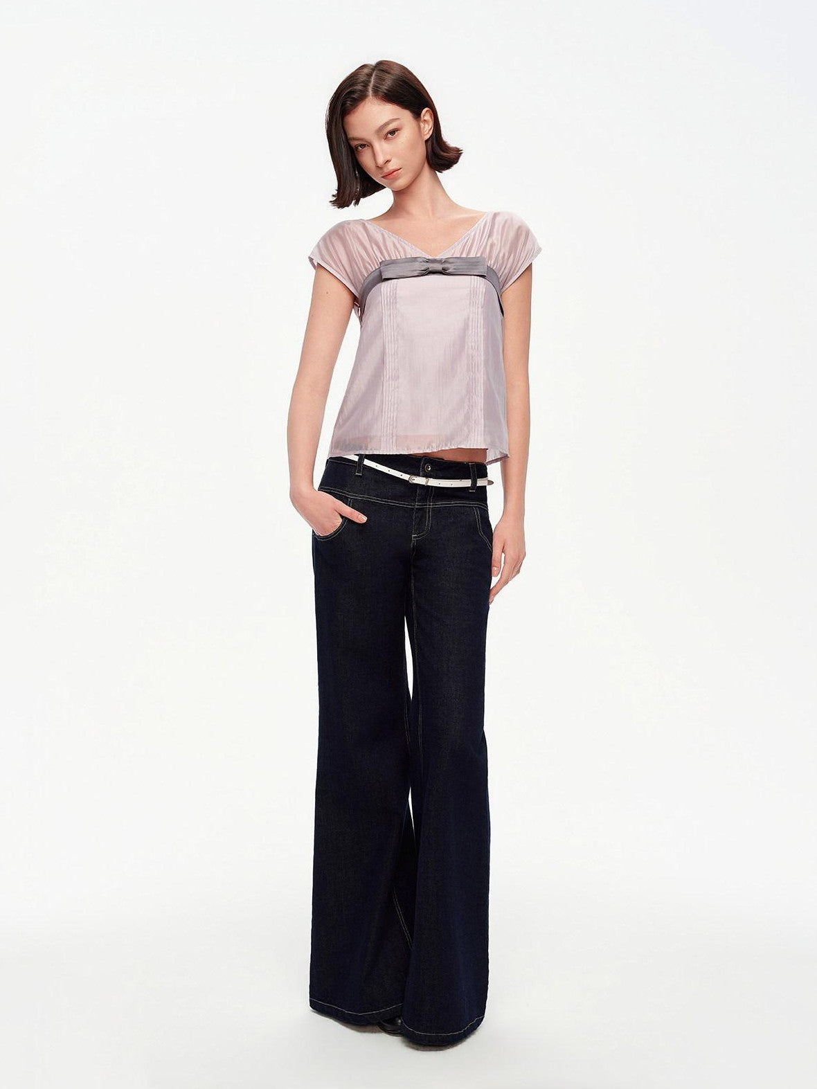 STRIKE A POSE Lilac Colorblock Bow V-neck Pleat Sheer Women&