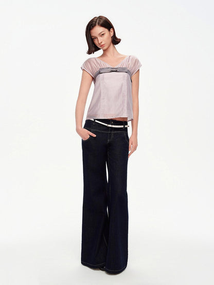 STRIKE A POSE Lilac Colorblock Bow V-neck Pleat Sheer Women&