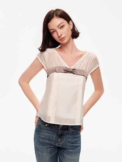 STRIKE A POSE Lilac Colorblock Bow V-neck Pleat Sheer Women&