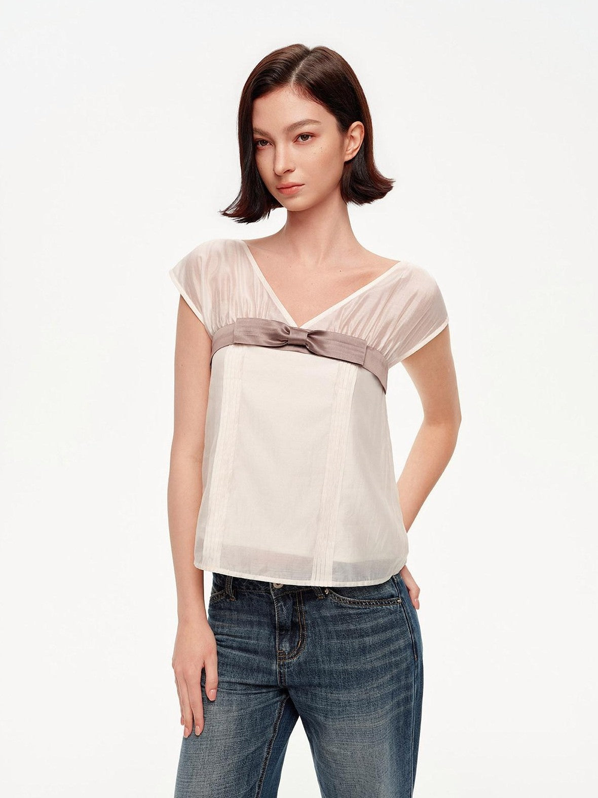 STRIKE A POSE Lilac Colorblock Bow V-neck Pleat Sheer Women&
