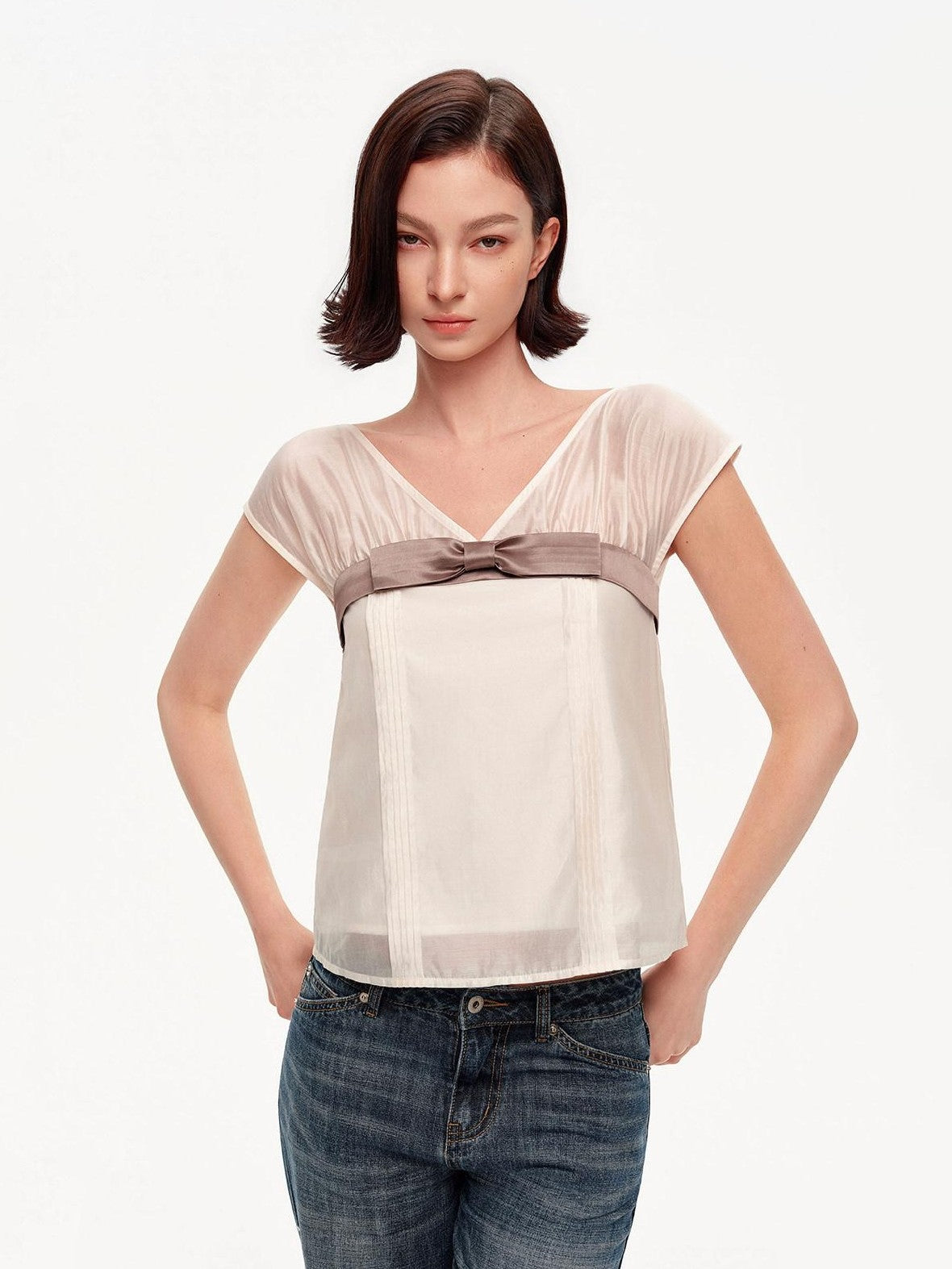 STRIKE A POSE Lilac Colorblock Bow V-neck Pleat Sheer Women&