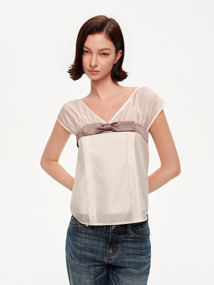 STRIKE A POSE Lilac Colorblock Bow V-neck Pleat Sheer Women&