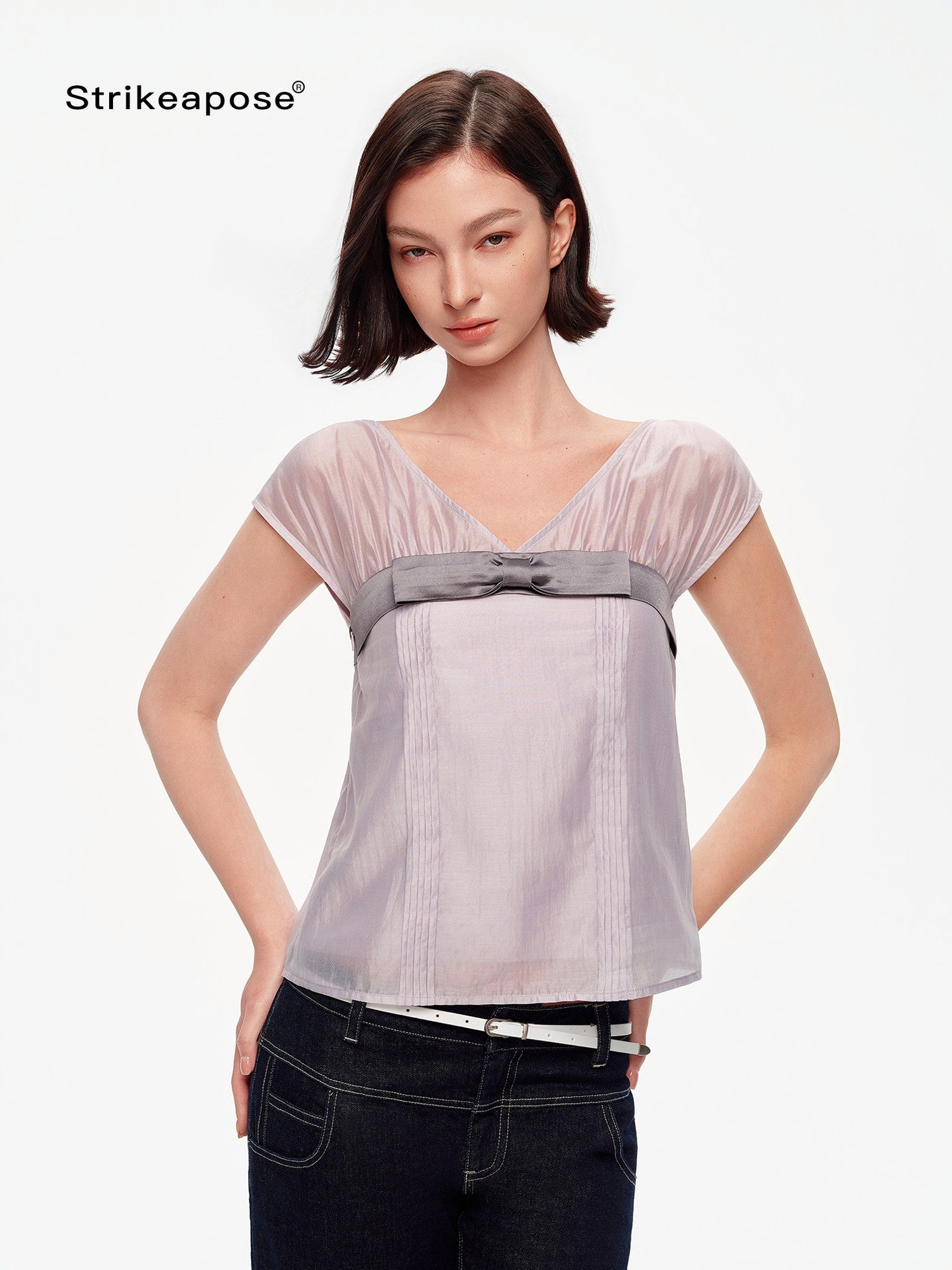 STRIKE A POSE Lilac Colorblock Bow V-neck Pleat Sheer Women&